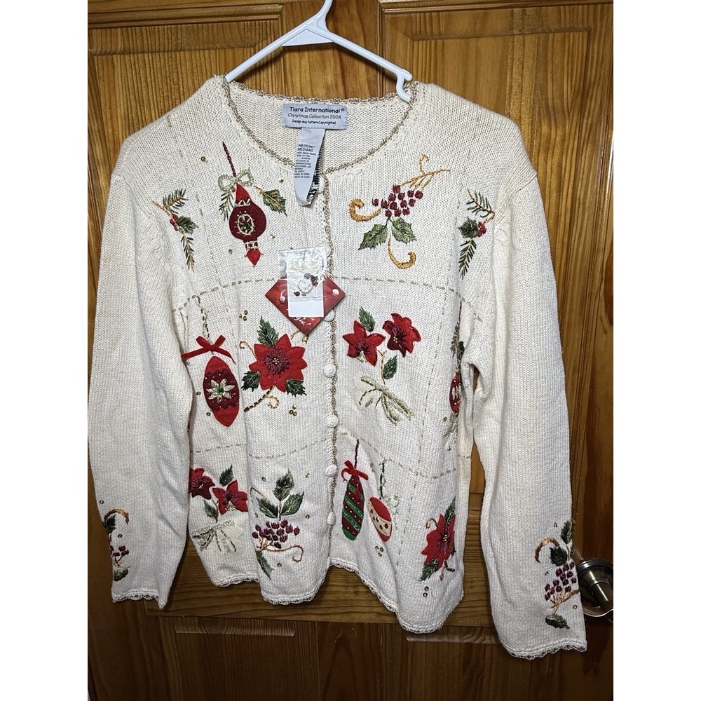 NWT 2004 Tiara Ornament Poinsettia Women's Christmas Cardigan Sweater‎ Med